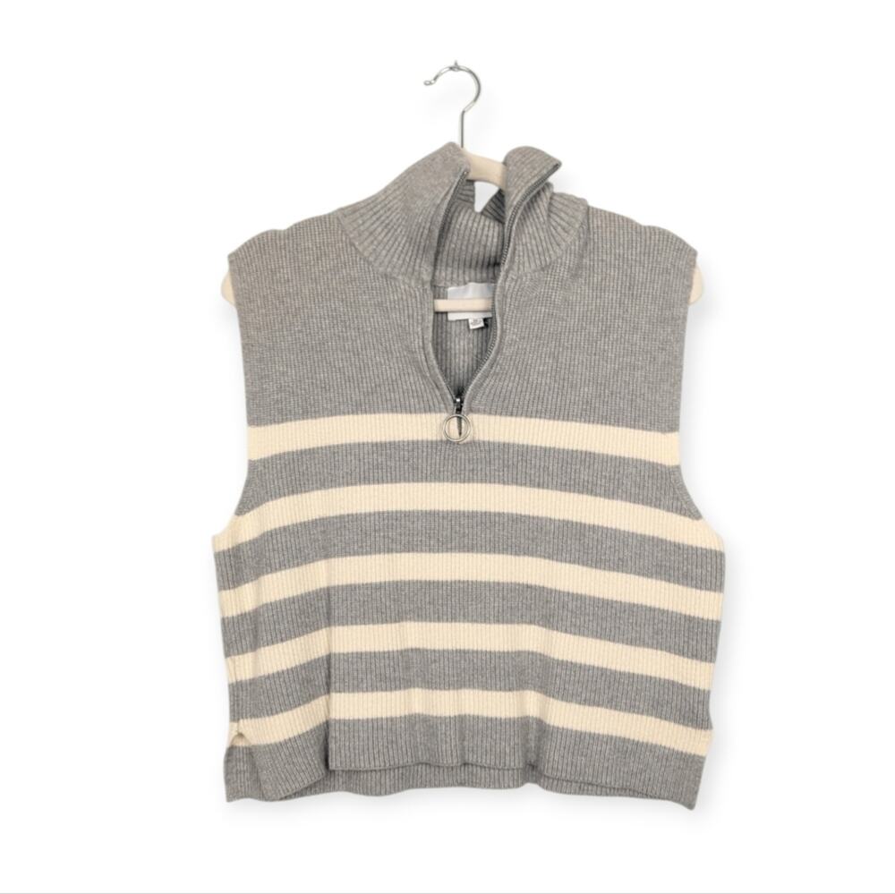 Pink Rose Sweater XL Gray Ivory Stripe Sleeveless Quarter Zip Casual Layering